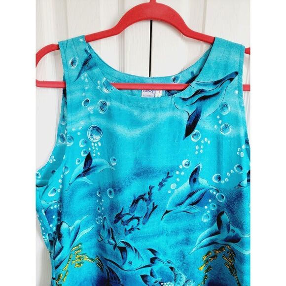 Surface L Vintage Tank Dress Blue Sea Life Beaded Satiny Feel India Large - Picture 2 of 7
